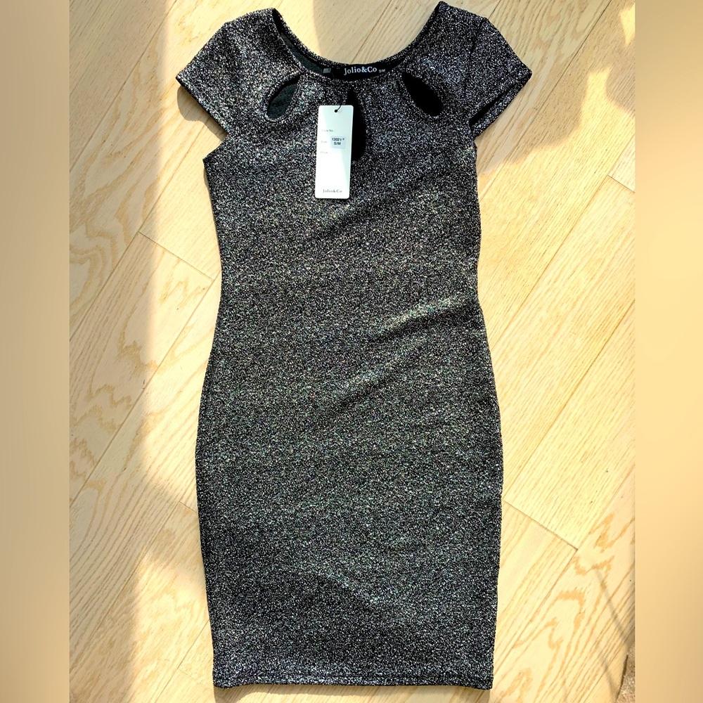 French Black / silver sparkling fitted cocktail dress S/M size